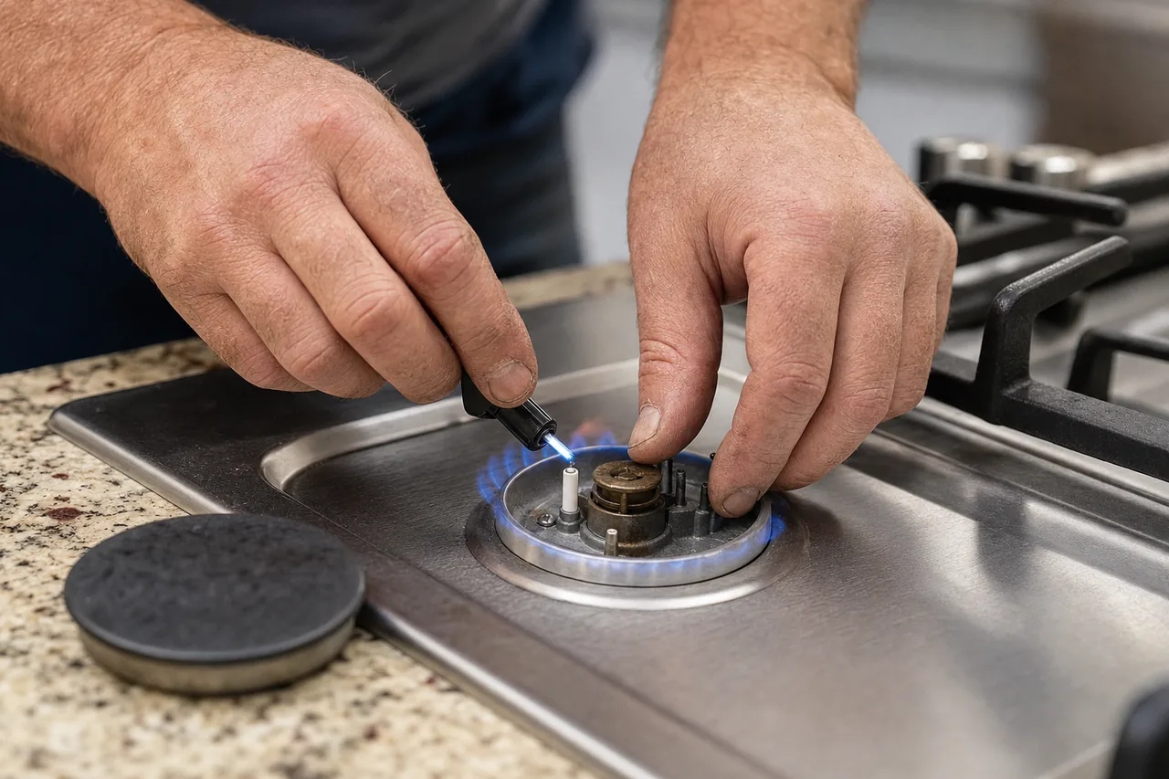 Technician adjusting a gas cooktop burner in an Alpine kitchen