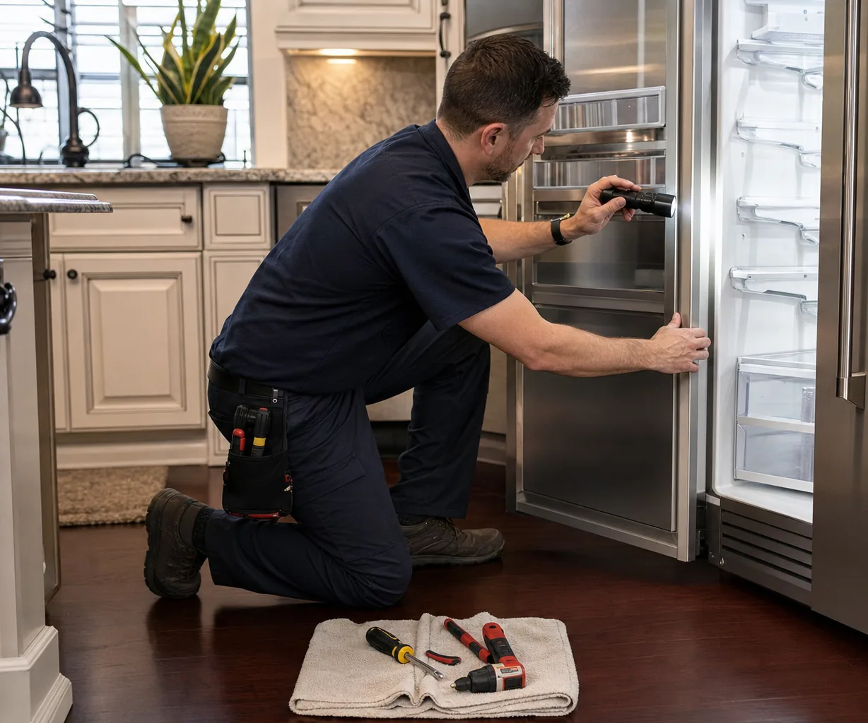 Technician repairing a built-in refrigerator up close