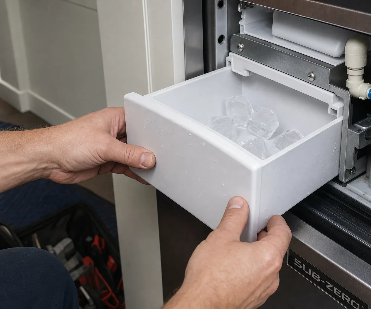Technician servicing a built-in ice maker in an Alpine kitchen