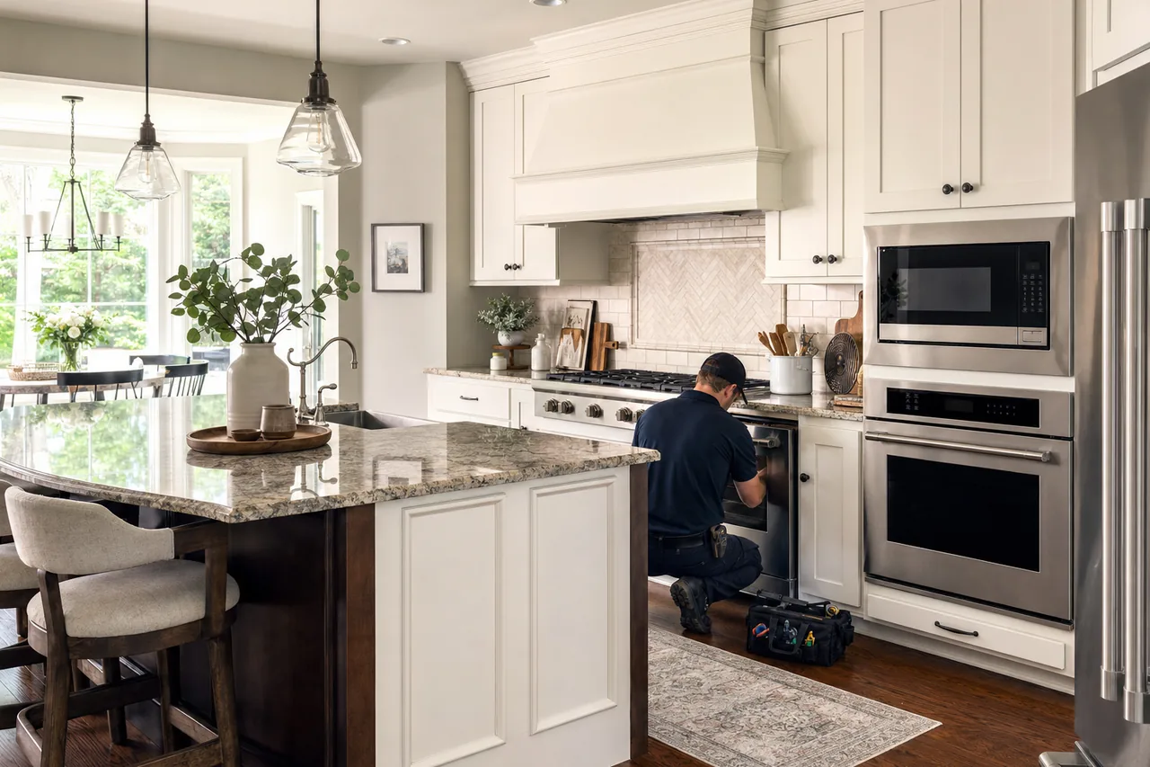 A luxury kitchen with built-in stainless appliances mid-repair