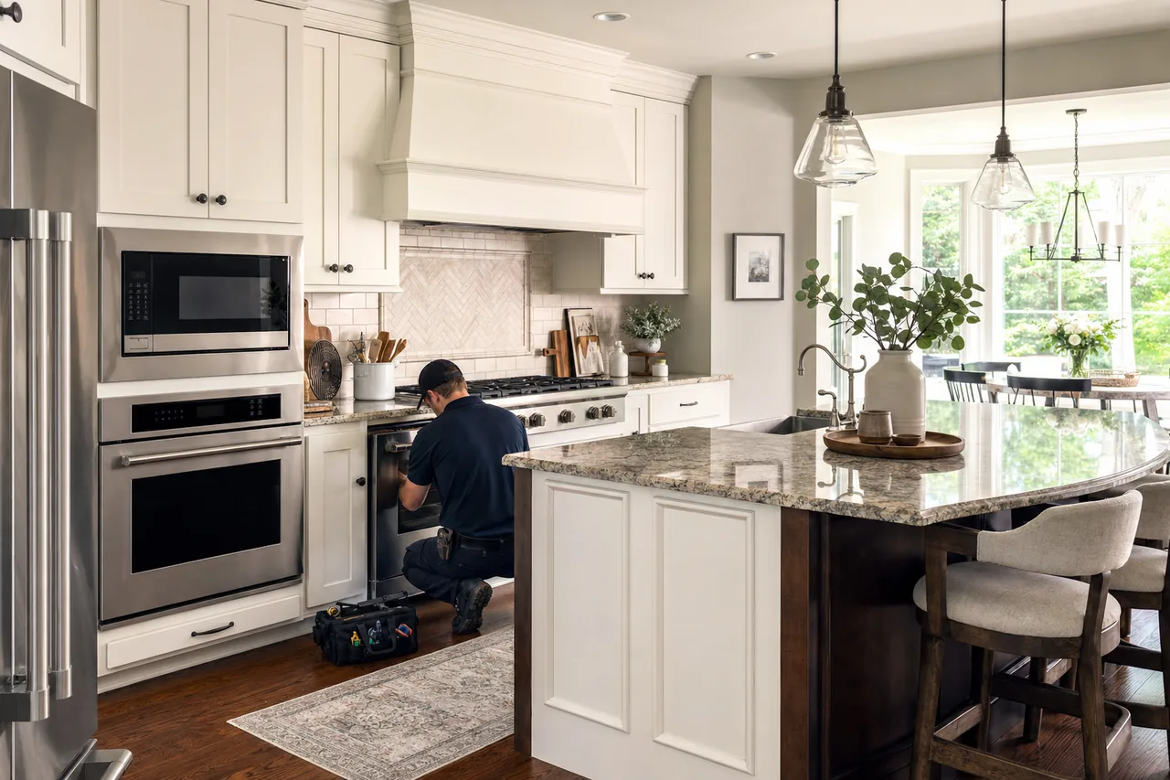 A luxury kitchen with built-in stainless appliances in an Alpine kitchen